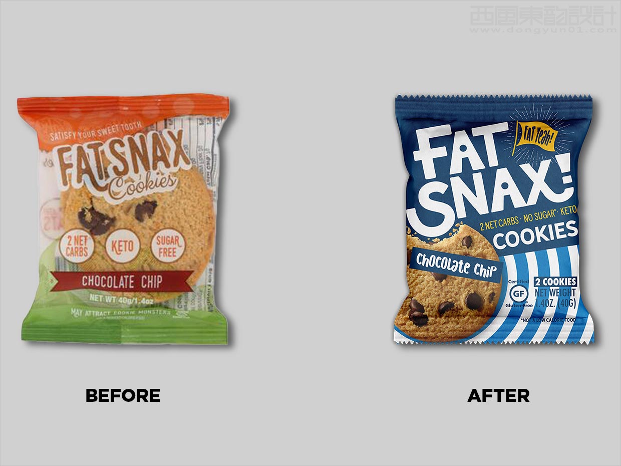 美國Fat Snax餅干快消食品包裝設(shè)計(jì)之新舊包裝設(shè)計(jì)對比
